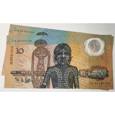 AUSTRALIA 1988 . TEN 10 DOLLARS BANKNOTE . FRASER / JOHNSTON . CONSEC PAIR . LAST PREFIX AB33